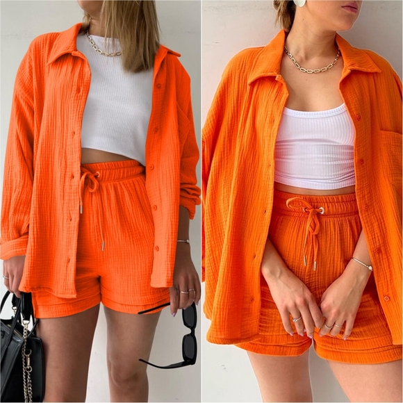 Joanna Button Up Shirt & Shorts Set - Orange - Picture 1 of 7